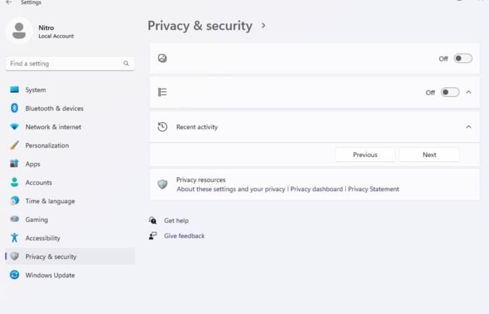 Windows Intelligence Settings