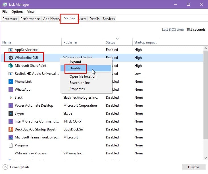disable startup item
